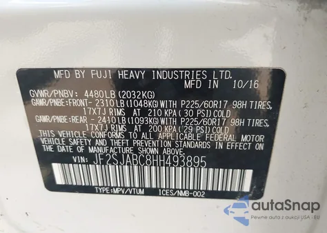 2017 Subaru Forester 2.5I z USA, uszkodzony, nr VIN JF2SJABC8HH493895